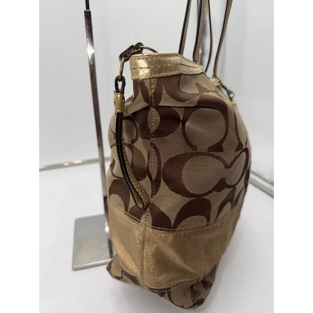 Coach Signature Stripe Tote Brown Khaki Jacquard Gold Metallic Leather Shoulder
